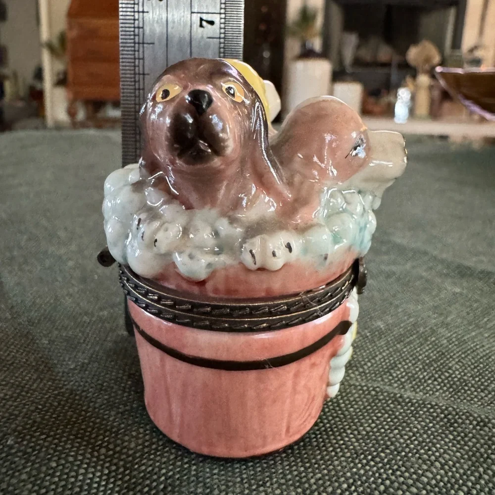 Ceramic Dog Figurine in Bath Trinket Box